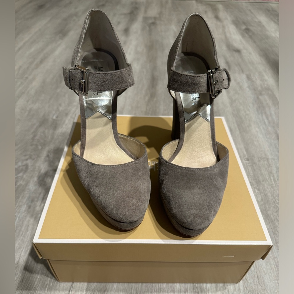 Michael Kors Woman's Haven Ankle Strap Dark Slate Suede Flynn Platform Shoes